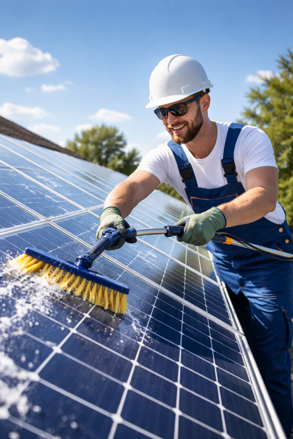 Technician cleaning solar panels using purified water system